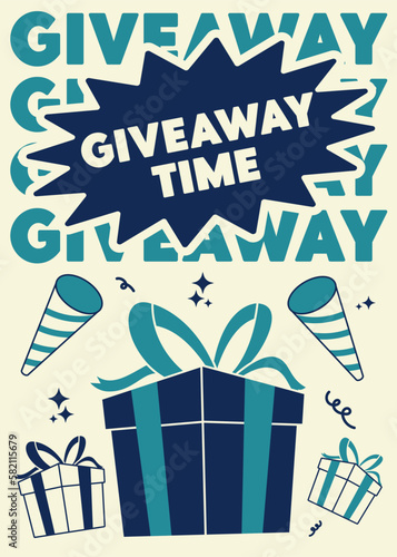 Giveaway time poster template. Retro vintage style competition prize flyer design. Gift box vector illustration.