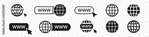 Set of www and website with globe icons in black