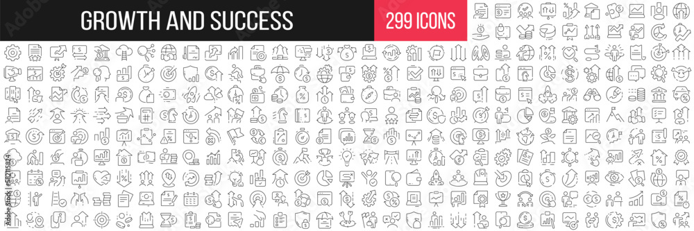 Growth and success linear icons collection. Big set of 299 thin line icons in black. Vector illustration