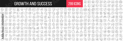Growth and success linear icons collection. Big set of 299 thin line icons in black. Vector illustration