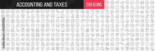 Accounting and taxes linear icons collection. Big set of 299 thin line icons in black. Vector illustration