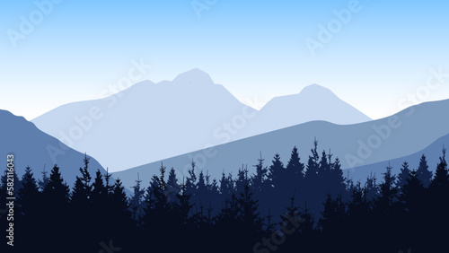 Adventure outdoor camping  hiking climbing wildlife background - Green silhouette of fog mountains peak rock and forest woods fir spruce trees, realistic landscape panorama illustration icon vector.