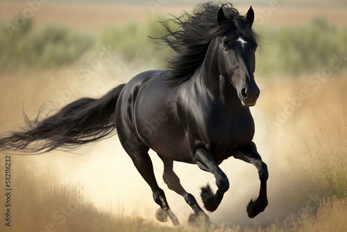 Black horse running in the field, created with generative AI