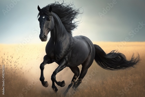 Black horse running in the field  created with generative AI