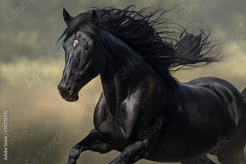 Black horse running in the field, created with generative AI © MiraCle72
