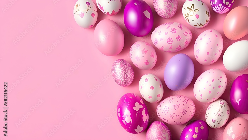 top down view of Easter eggs board in pink colors on pink background. Space for text. Happy Easter 