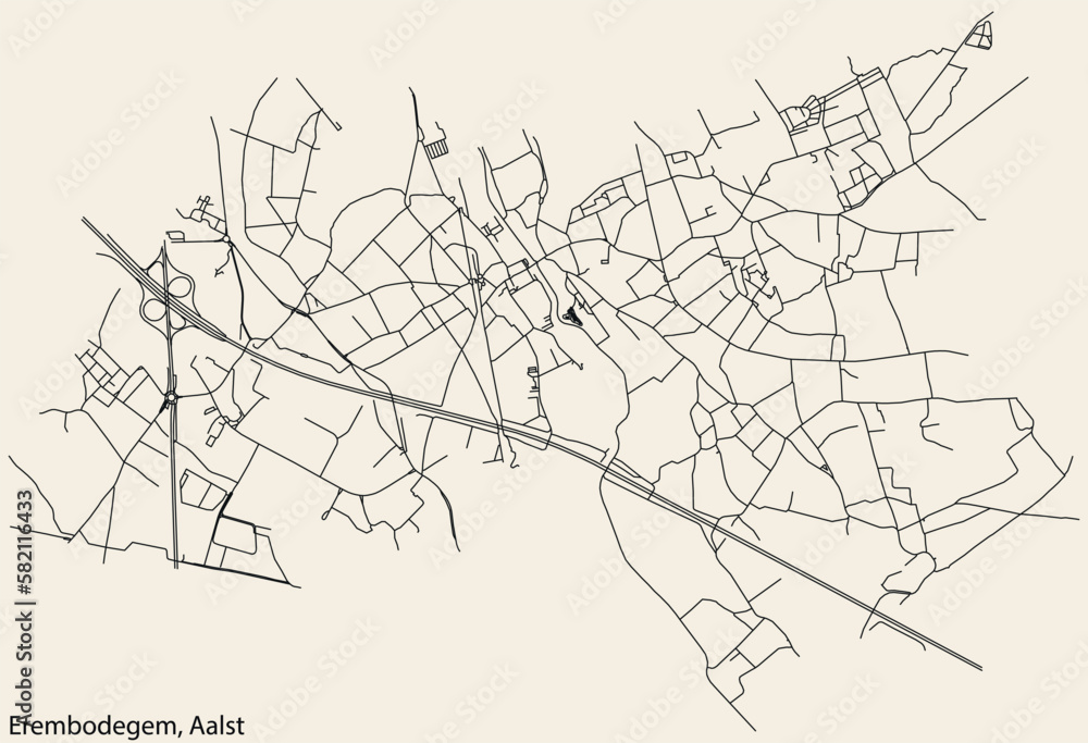 Detailed hand-drawn navigational urban street roads map of the EREMBODEGEM COMMUNE of the Belgian city of AALST, Belgium with vivid road lines and name tag on solid background