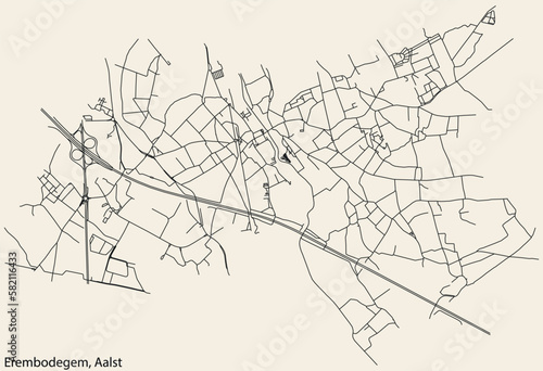 Detailed hand-drawn navigational urban street roads map of the EREMBODEGEM COMMUNE of the Belgian city of AALST, Belgium with vivid road lines and name tag on solid background