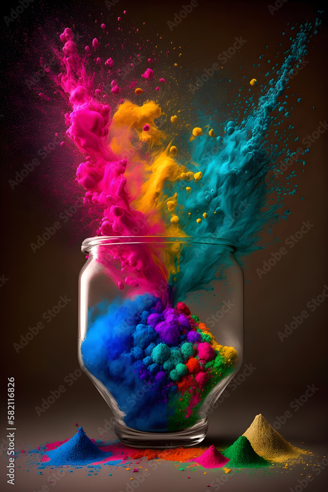 Holi color powder explosion in a glass isolated on dark black background. Color splash party festival concept, rainbow blast. Multicolored background illustration. Holi holiday colors. Generative AI Holi color powder explosion in a glass isolated on dark black background. Color splash party festival concept, rainbow blast. Multicolored background illustration. Holi holiday colors. Generative AI