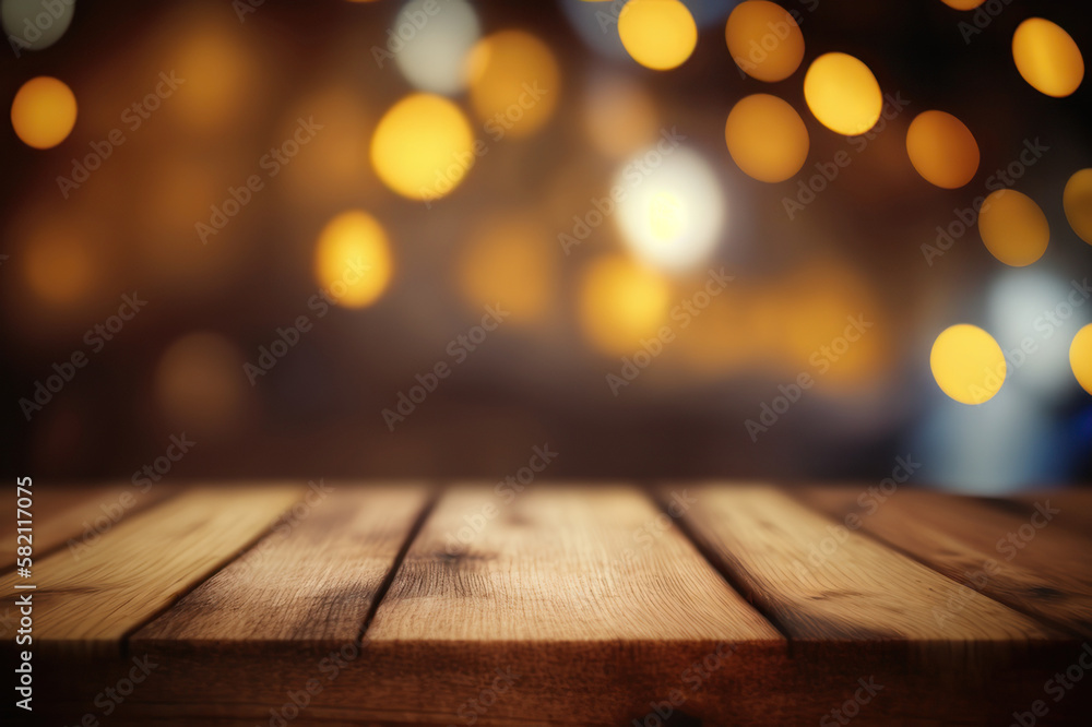 Background. Wooden surface with orange bokeh in the background. AI generative.