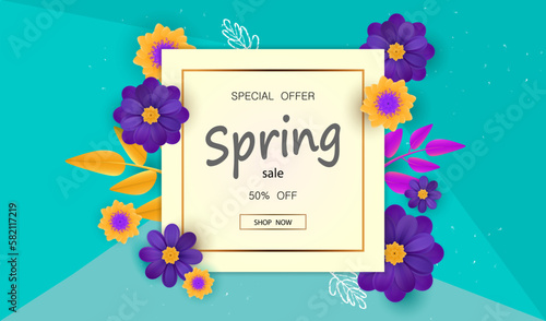 Sale spring vector background with colorful flowers. Floral design price coupon. Seasonal holiday on green backdrop. Decoration for banner, flyer or voucher discount.	
