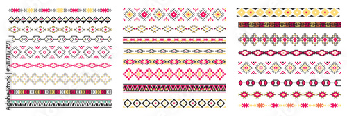 Border decoration elements with colorful patterns. Ethnic style collections. Vector illustrations.
