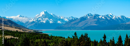 Panoramic view of lake pukaki and mount cook mountain chain in south island, New Zealand