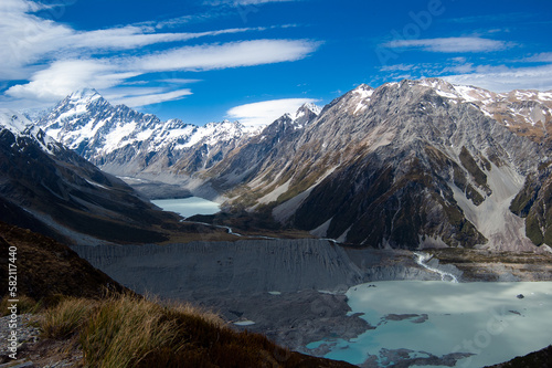 Mueller glacier lake panoramic view with snowy mountains in the background  Aoraki mount cook national park new zealand