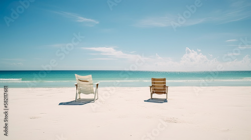Two empty beach chairs on an isolated beach towards the ocean  clear blue skies  white sand  wide shot. 