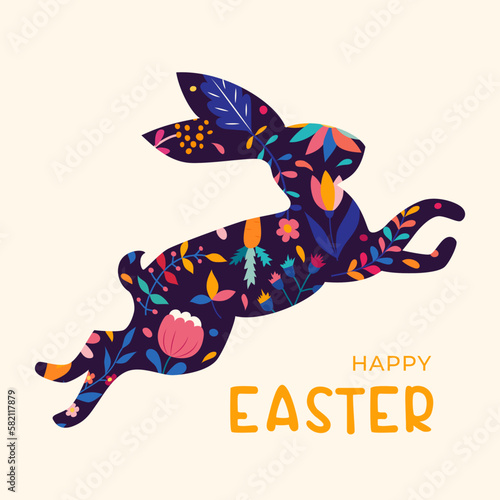 Silhouette of jumping Easter bunny with flower decorations. Happy Easter. Minimalist style design with hand drawn elements