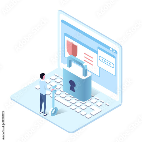 isometric illustration of online serurity  and key