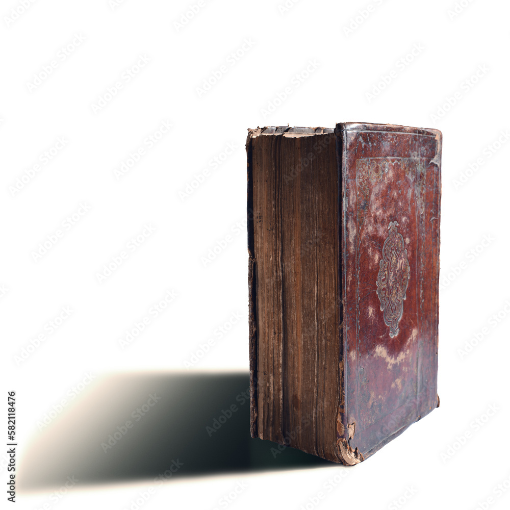 Leather bound book with gold embossing. Torah book standing on white background with shadow. Education and religion concept. Closeup.