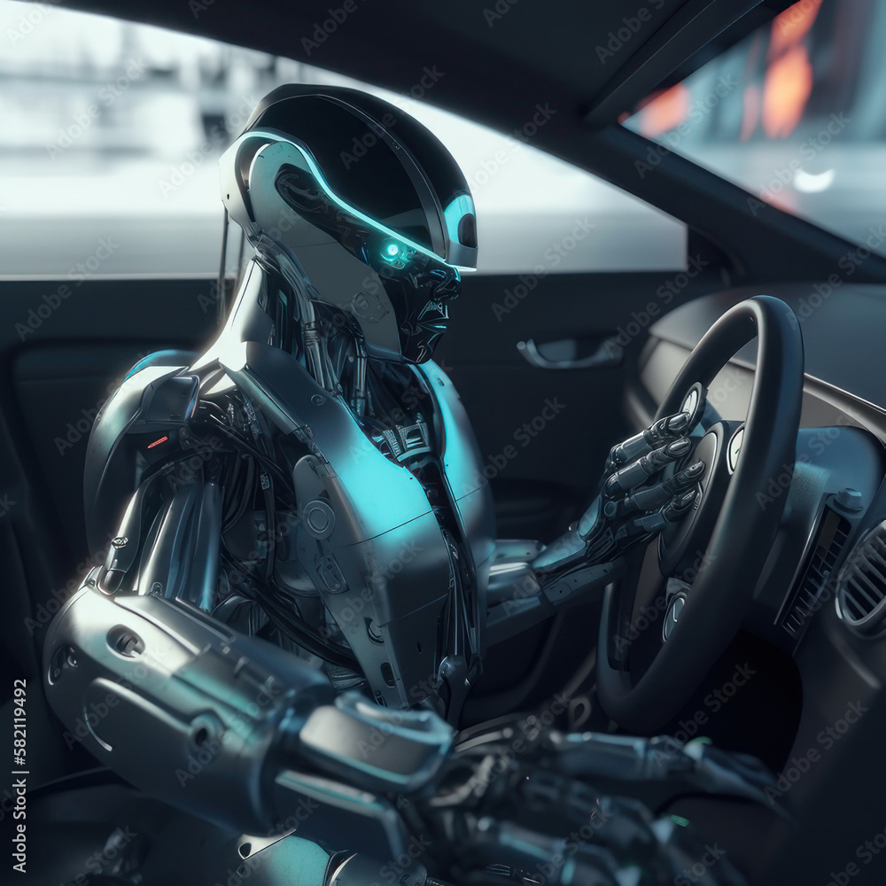 The robot drives a car. AI generative.