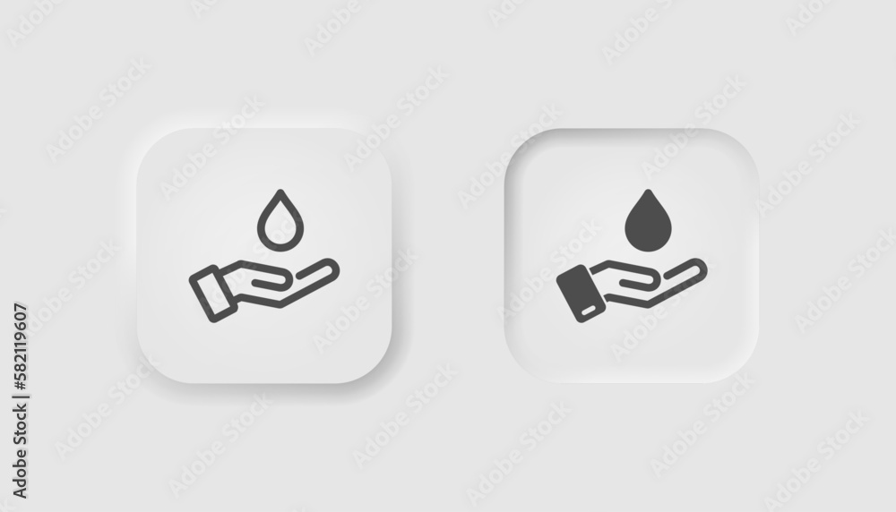 Hand holds waterdrop in neumorphism style. Icons for business, white UI, UX. Hygiene symbol. Antibacterial, dermatological, wash hands, antiseptic. Neumorphic style. Vector illustration. Hand holds waterdrop in neumorphism style. Icons for business, white UI, UX. Hygiene symbol. Antibacterial, dermatological, wash hands, antiseptic. Neumorphic style. Vector illustration.