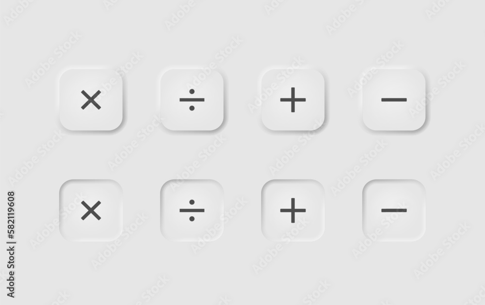 Calculator square buttons in neumorphism style. Icons for business