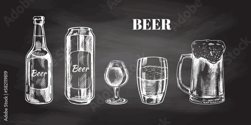 Hand-drawn sketch of beer can, beer bottle, beer glasses and beer mug  isolated on chalkboard background, white drawing. Set. Vector vintage engraved illustration..