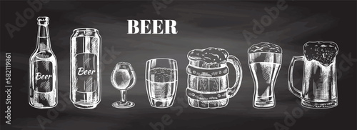 Hand-drawn sketch of  beer can, beer bottle, beer glasses and beer glass and wooden mugs isolated on chalkboard background, white drawing. Set. Vector vintage engraved illustration..
