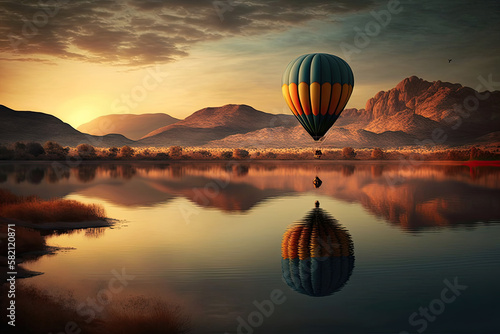 Hot Air Balloons Festival Flying Over a beautiful lake. Generative AI