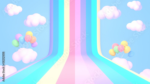 3d rendered rainbow road, colorful balloons, and clouds in the blue sky.