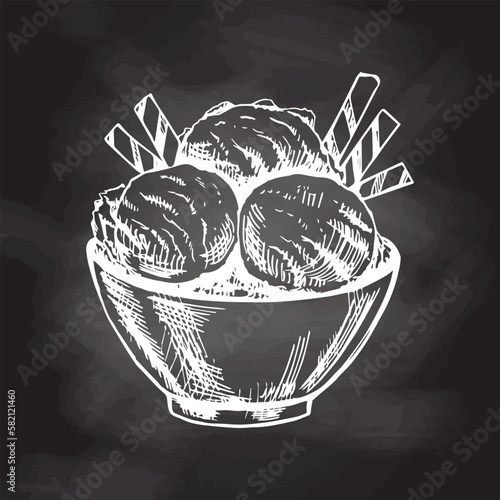 Hand-drawn sketch of an ice cream balls in a bowl  isolated on chalkboard background, white drawing. Vector vintage engraved illustration..