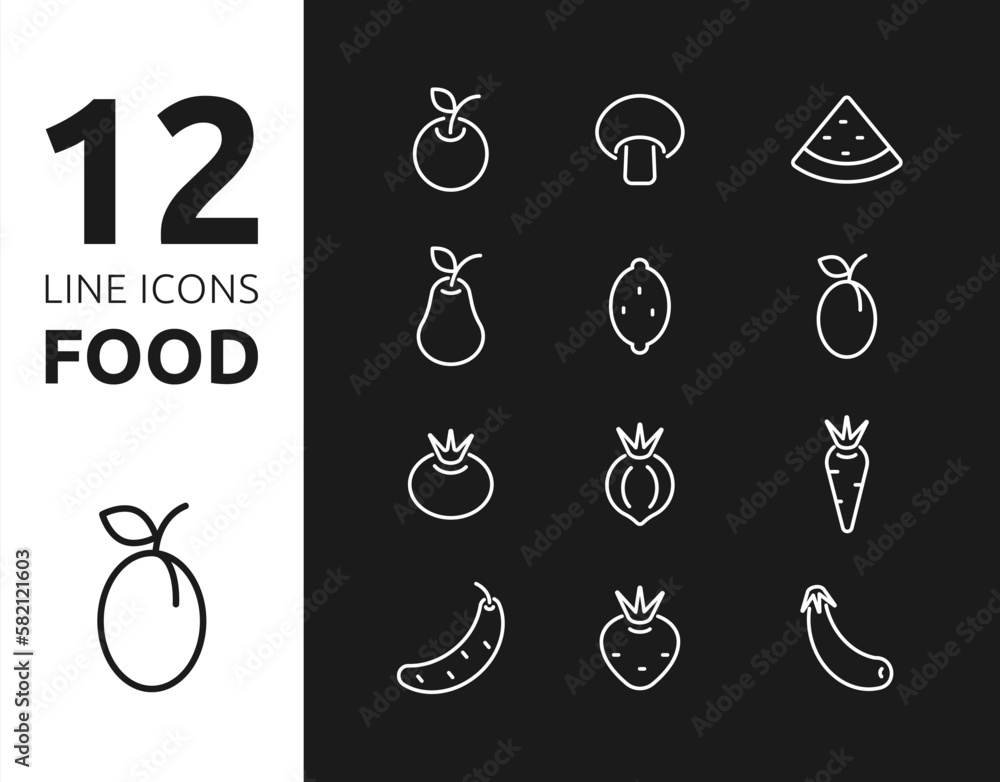 Line icons food white on black background. Fruits and vegetables ...