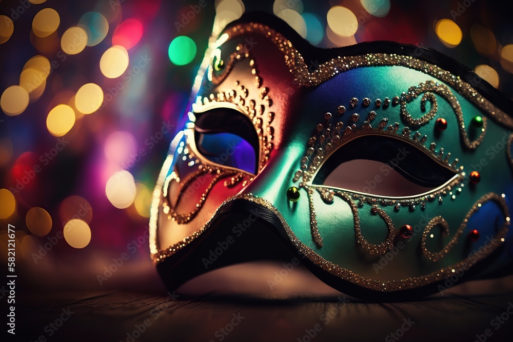 Carnival mask on colorful blur party background. Ai. Masquerade bokeh background Carnival mask on colorful blur party background. Ai. Masquerade bokeh background