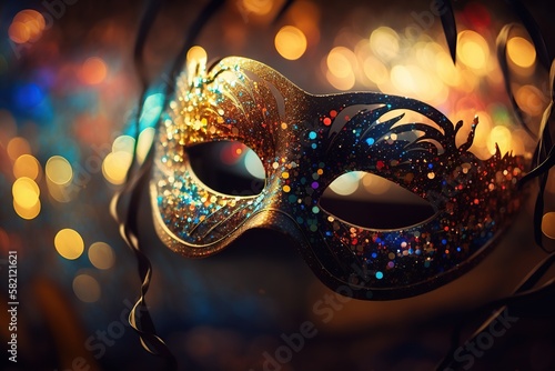 Carnival mask on colorful blur party background. Ai. Masquerade bokeh background