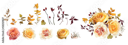 Autumn bouquet. Vector fall watercolor yellow, orange, pink rose flower, cream dahlia, carnation, eucalyptus leaves, branches editable illustration. Wedding invite, thanksgiving decorative element set