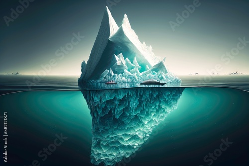 beaful floating iceberg with many sharp edges reflected in calm ocean, created with generative ai photo