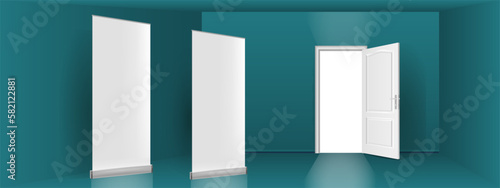 The interior of an empty dark room with a white banner and a door.
Free space for copying, 3d vector image.