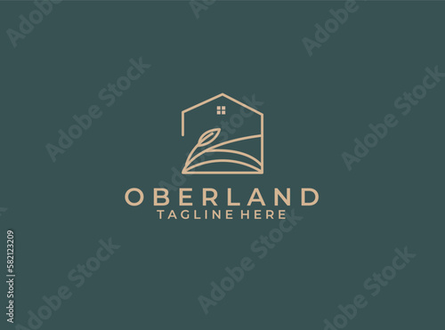 Illustration Cabin Logo Concept. Natural Meadow with Cottage as Frame. Vintage Style for Adventure and Vacation Rental.

