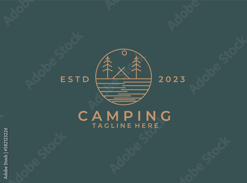 PriNatural Cottage Logo Concept with Pine Tree and Landscape Scene at Frame. Unique and Creative Design Brand Identity.nt