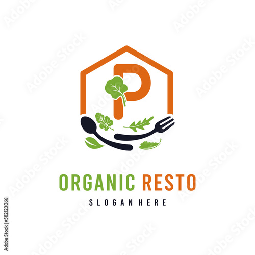 Letter P with Leaf Vegetable for Organic Vegan Food and Resto Business Logo Idea Template	
