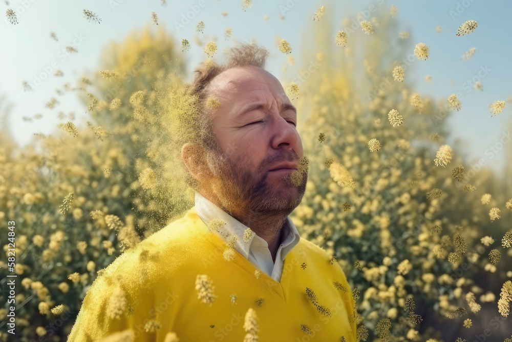Pollenallergie im Frühling, Mann in einem Feld mit fliegenden Pollen in der Luft - Generative AI