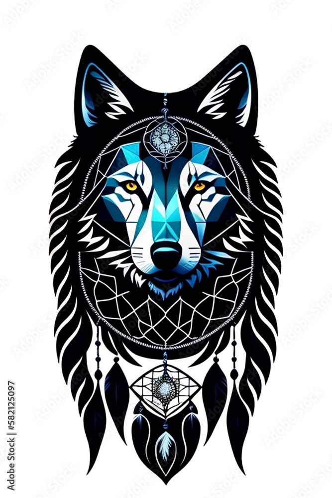 Fototapeta premium a geometric minimalist wolf forming a strings of dream catcher tattoo
