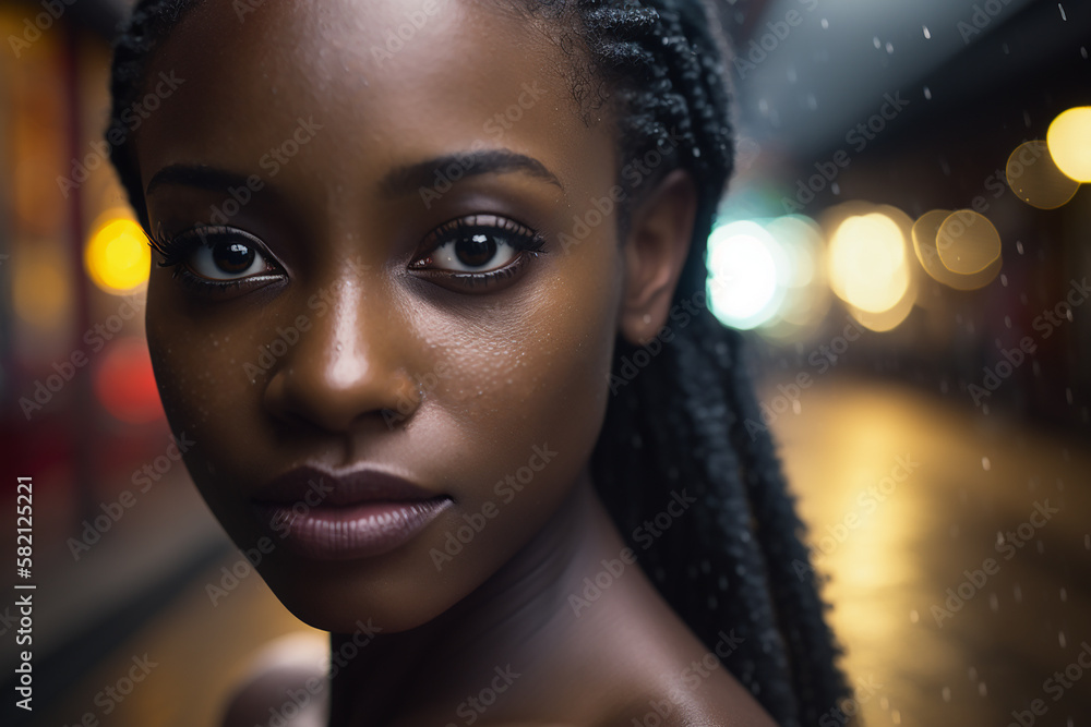 Portrait of young black woman posing outdoors in the evening, selective focus, Created using generative AI tools. Portrait of young black woman posing outdoors in the evening, selective focus, Created using generative AI tools.