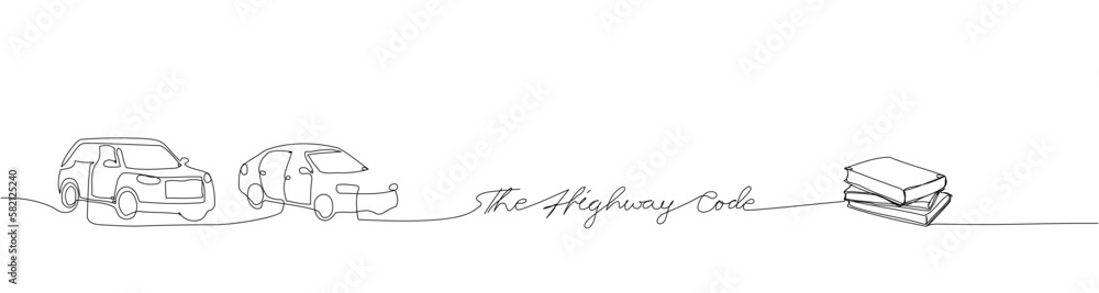 The Highway Coge one line art. Continuous line drawing of book, library, gesture, rules, traffic, literature, read, reading with an inscription, lettering, handwritten.
