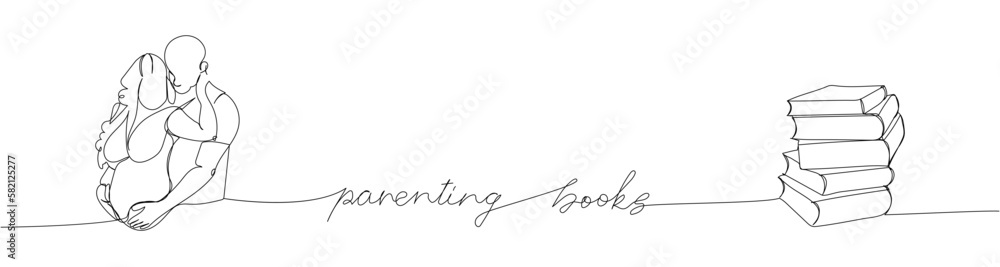 Parenting books one line art. Continuous line drawing of book, library, couple, parents, marriage, literature, read, reading with an inscription, lettering, handwritten.