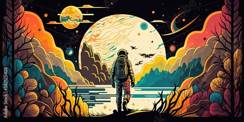 A colorful, hand-drawn graphic novel space astronaut abstract background wallpaper with futuristic cyberpunk vectors, Generative AI photo