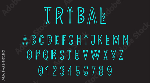 Vector trendy uppercase alphabet in ethnic style made of lines of different thicknesses. Geometric Tribal font. English Ethnic letters and numbers. Peru, Africa and Tribal inspired signs.