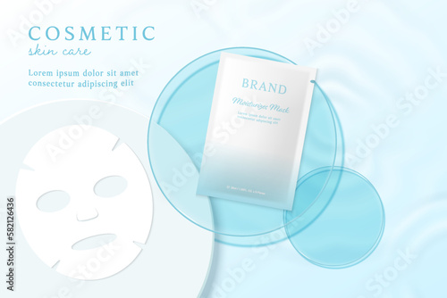 Cosmetics and mask ads template on blue water background.
