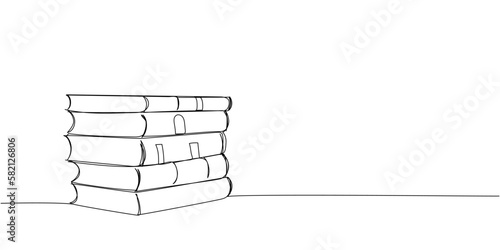 Stack of 5 antique books one line art. Continuous line drawing of book, library, education, school, study, literature, paper, textbook, knowledge, read, learn, page, reading.