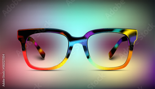 Closeup of sunglasses in multicolored spectacle frame. Vector eps 10 illustration. Contains mesh background