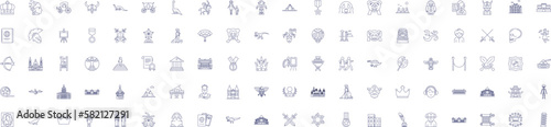 Museum line icons signs set. Design collection of Gallery, Monument, Archive, Exhibit, Collection, Obelisk, Exhibition, Relics outline concept vector illustrations